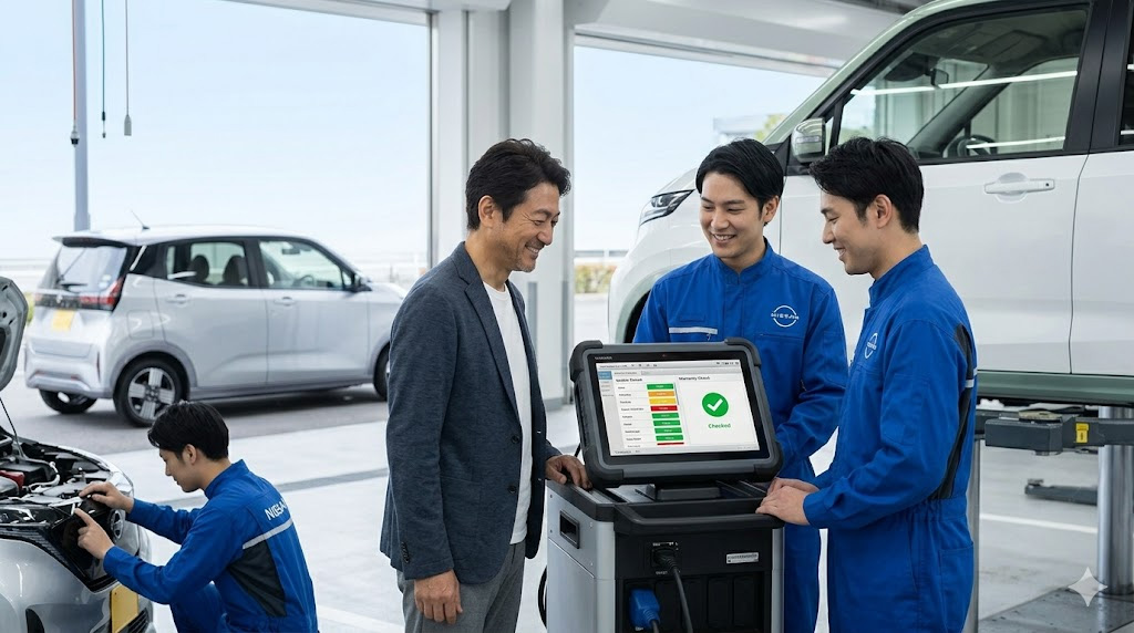日産の正規ディーラーで、リフトアップされた日産サクラを前に、整備士がタブレットで長期保証（8年16万キロ）のチェック結果をオーナーに笑顔で解説する様子。