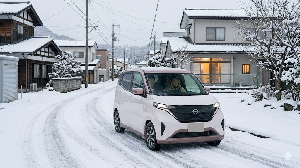 雪が積もった日本の地方都市の住宅街を走行する日産サクラ。寒冷地での実用的な航続距離と運用の工夫を紹介するシーン。