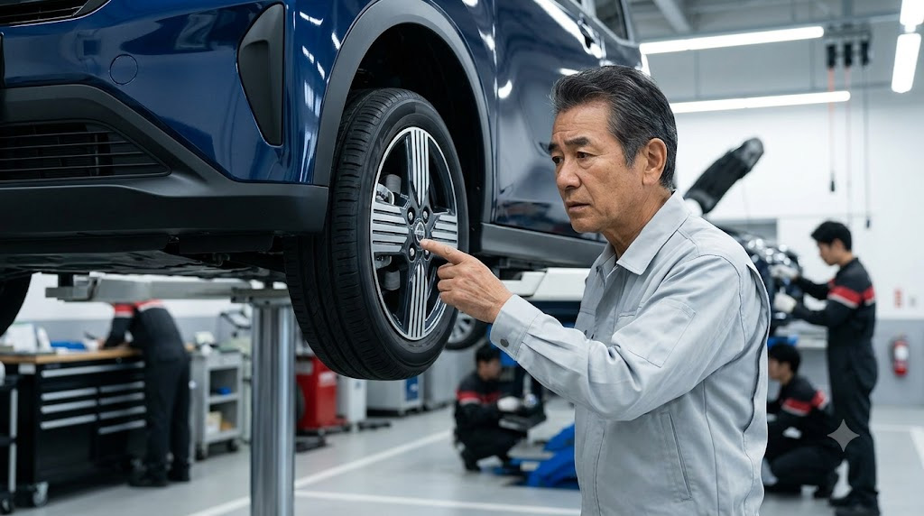 日産サクラのリコール情報を確認するため、整備工場でブレーキ周辺を真剣に点検する日本人整備士。