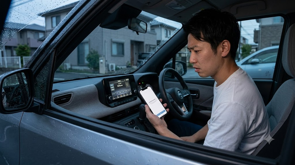 日産サクラXグレードの運転席で、日産コネクトEVアプリが使えず、スマホと車載ナビの連携エラーに落胆する日本人男性の様子。