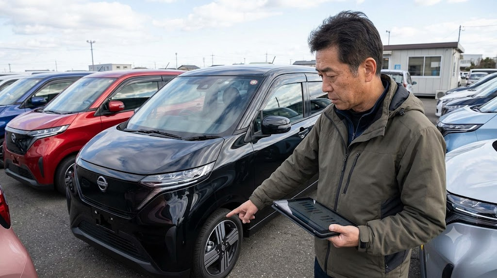 中古車販売店に並ぶ複数の日産サクラ。多くの在庫の中から車を選ぶ日本人男性の様子。