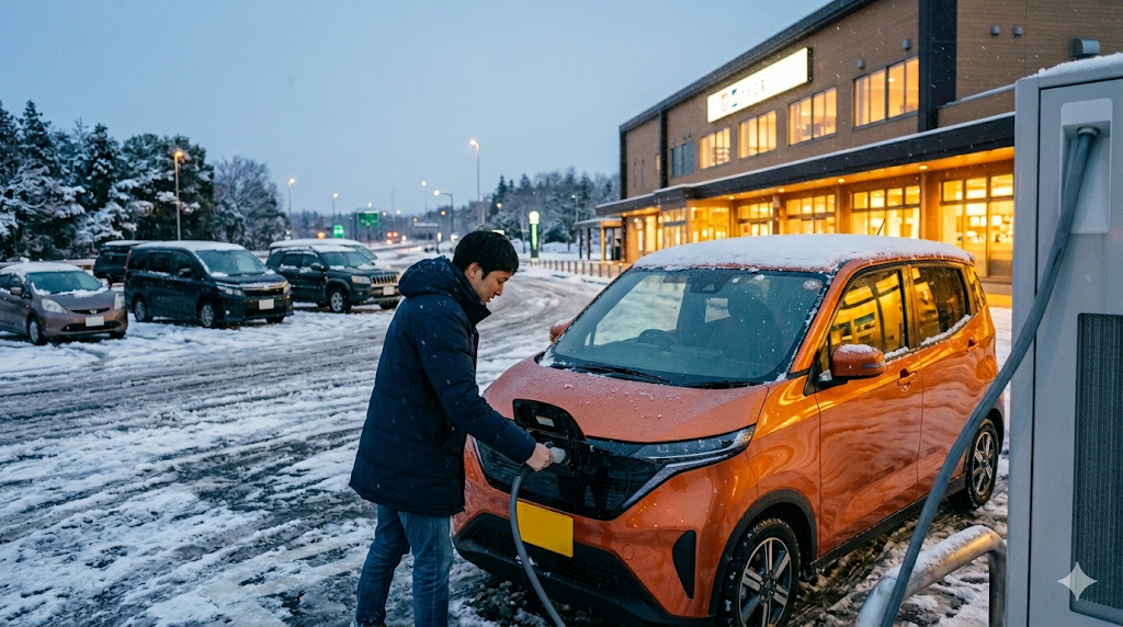 冬の高速道路サービスエリアで、雪の中で日産サクラ（軽EV）を急速充電（CHAdeMO）する様子。日本人男性が充電セッティングを確認している。