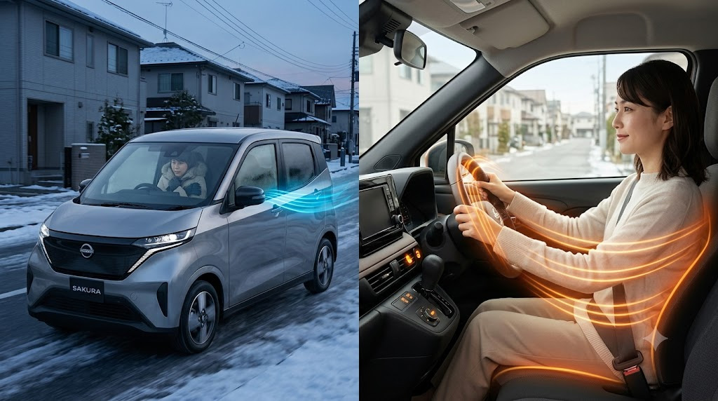 左側は雪の降る寒々しい環境でPTCヒーターのみを使い、窓が曇り寒がる女性ドライバー。右側は同じ女性が、Gグレードに標準装備の「ステアリングヒーター」と「シートヒーター」のインジケーターが点灯した、暖かく快適な車内で薄着で笑顔で運転する様子。