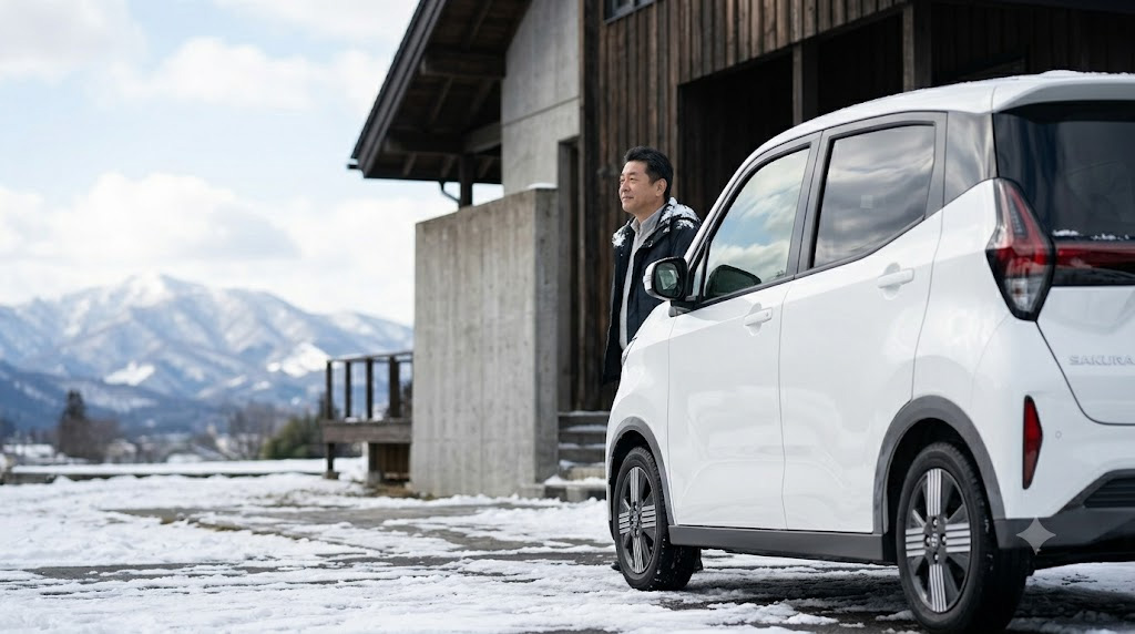 雪が積もった岩手県の岩手山を背景に、雪道を安定して走る白い日産サクラと、それを見守るオーナーの日本人男性。雪国でのEVライフ。