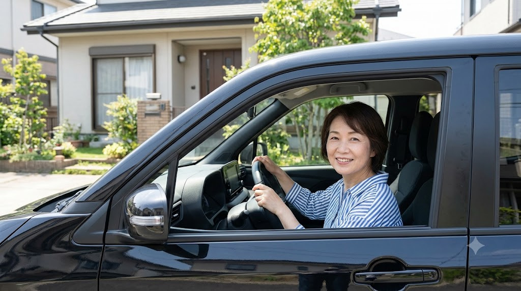 中古で購入した日産サクラを自宅前で満面の笑みで運転する日本人女性オーナー。