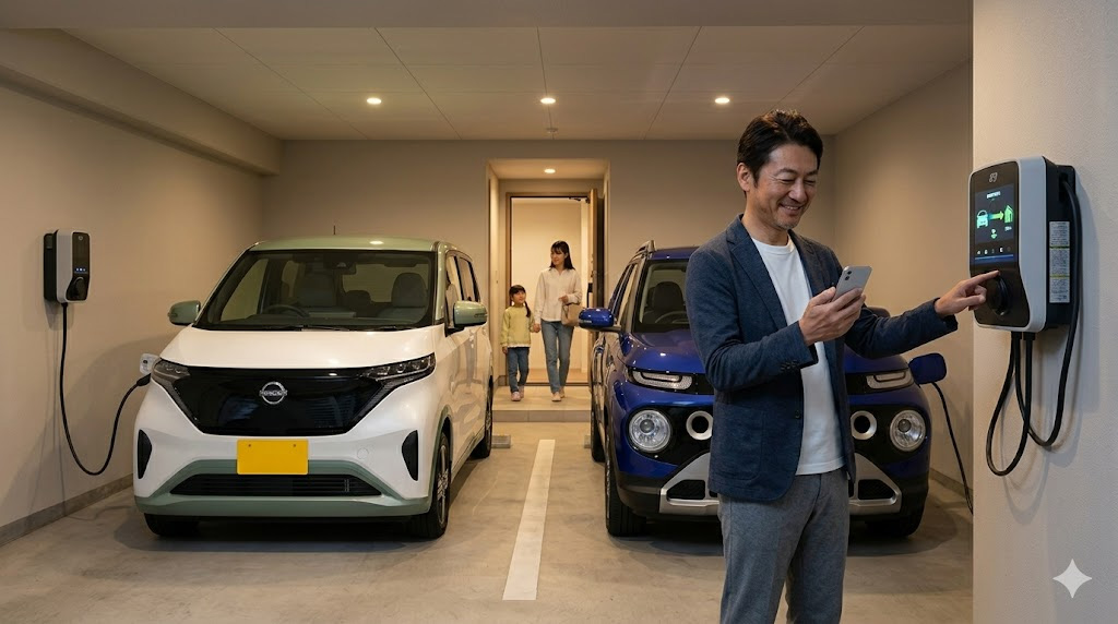 マンションの自室駐車場で、スマートフォンを使いV2H機器の充放電データをチェックする、充実したEVライフを送るオーナー。日産サクラとヒョンデ・インスターが並ぶ。