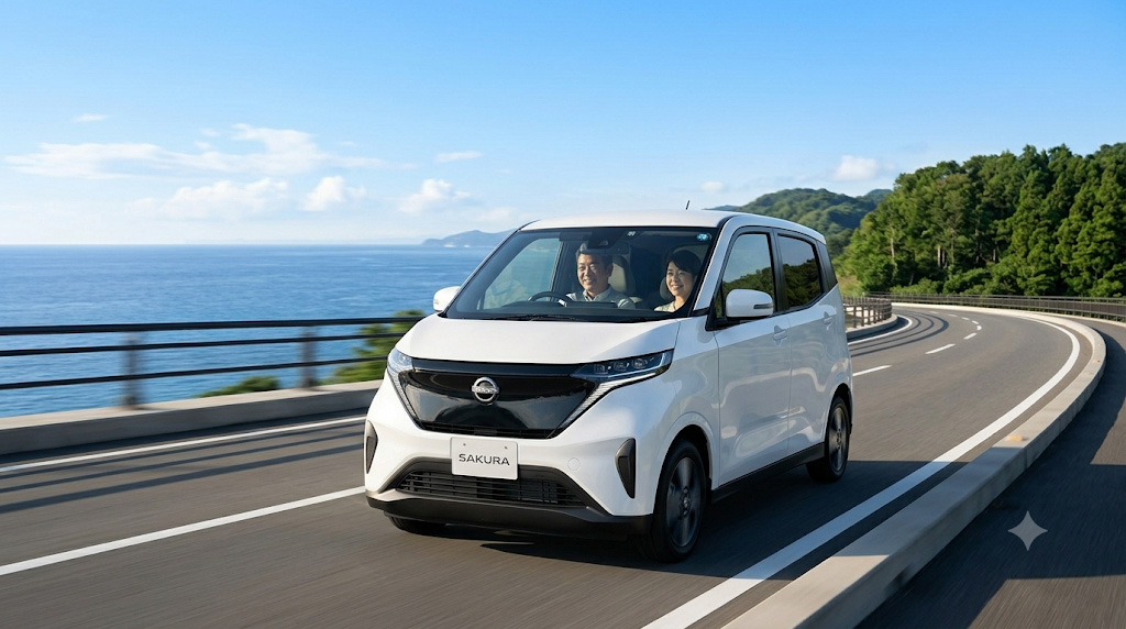 澄み切った青空の下、美しい日本の海岸線をスムーズに走る白い日産サクラと、笑顔でドライブを楽しむ日本人夫婦。先進性と自然の調和、未来のEVライフを象徴するワンショット。