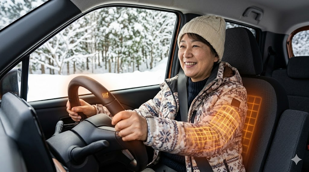 日産サクラ（軽EV）の運転席で、シートヒーターとステアリングヒーターの暖かさに笑みを浮かべる日本人女性。