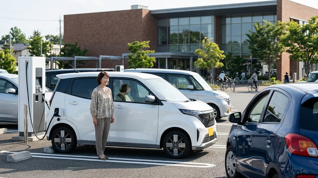 商業施設の駐車場にある公共充電スタンドで、日産サクラを充電セットした後で、一緒に来たクルマで帰る女