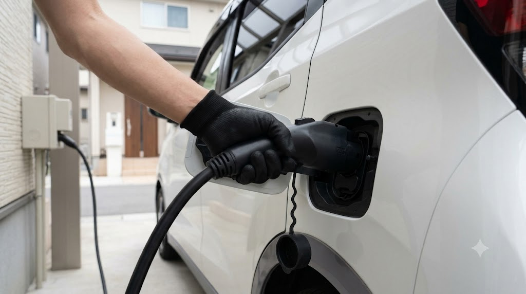 日本の一般的な住宅のカーポートで、白い日産サクラに200V充電ケーブルが接続されている様子。壁面のコンセントも見える。自宅充電環境。