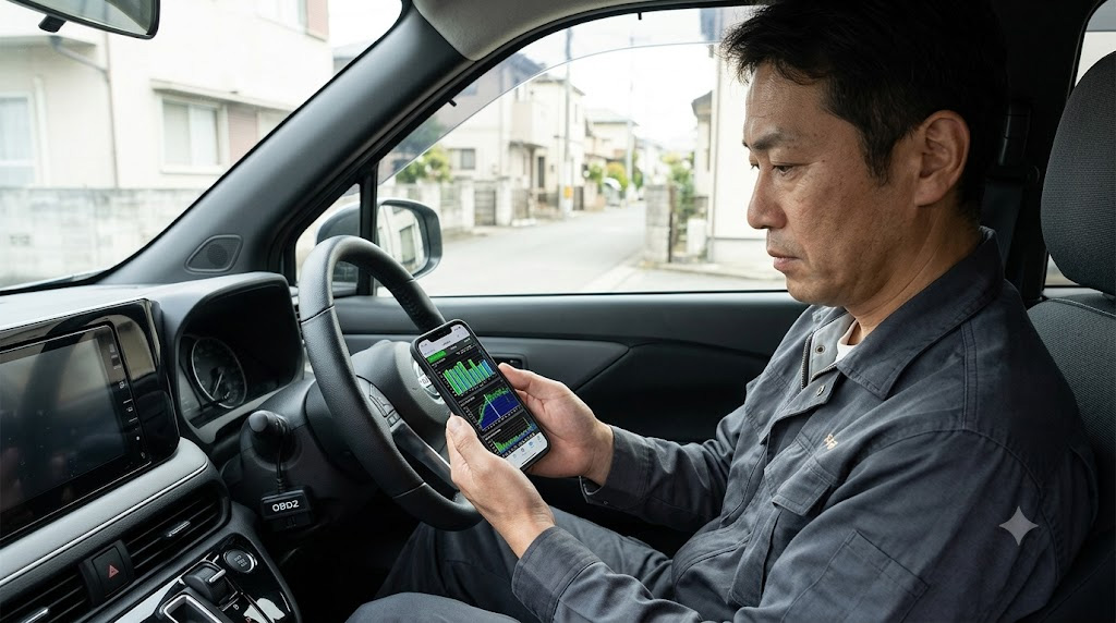 中古の日産サクラの運転席で、専門ツール「LeafSpy（リーフスパイ）」を使い、OBD2コネクタ経由でバッテリーのSOH（State of Health）やセル電圧のばらつき、急速充電回数などの深層データを診断・確認している日本人男性専門家の様子。