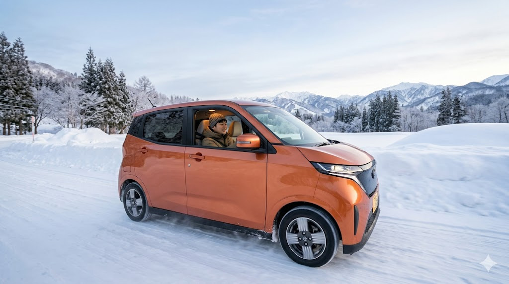 冬の雪道を走行する日産サクラと、バッテリー残量の減少を気にする日本人ドライバーの様子。エアコン使用による航続距離への影響を想起させる。