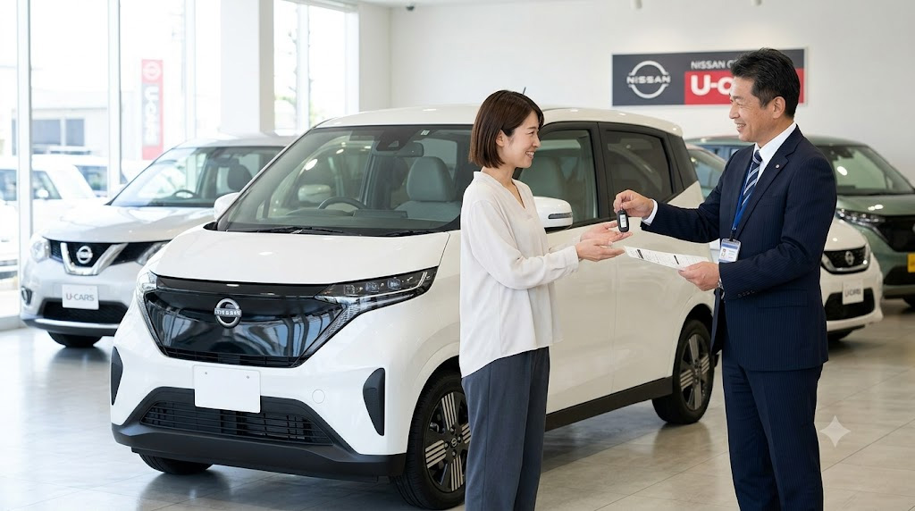 日産サクラ認定中古車店での納車風景。日本人スタッフからキーを受け取る購入者。ほぼ新車状態の白いサクラ。