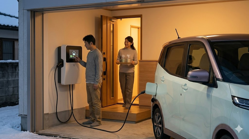 自宅ガレージで、V2H（Vehicle to Home）システムを使い、日産サクラのバッテリー電力を家庭用に供給するオーナー。冬季の電力自給自足と災害時のレジリエンスをイメージ。