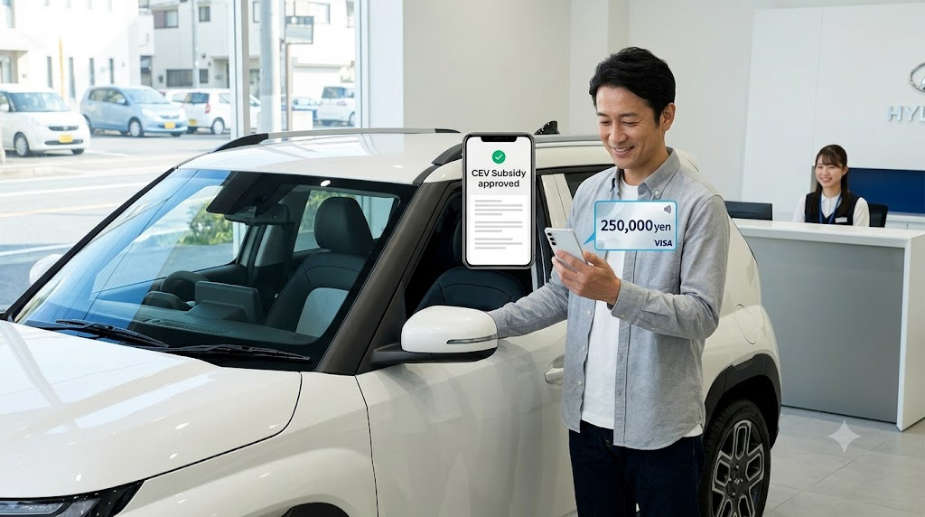 ヒョンデのモダンなショールームで、最新のBEV「INSTER（インスター）」の横に立つ男性。彼はスマートフォンで「CEV補助金」の承認通知と、「電動車乗り換え割」による「250,000円」分のデジタルギフト券の画面を確認し、満足げに微笑んでいる。